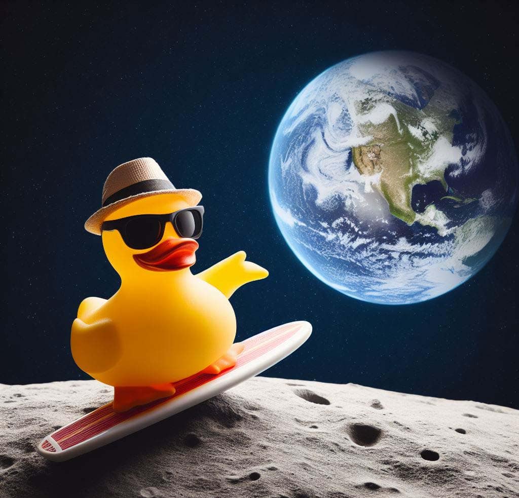 A yellow rubber duck surfboarding on the moon wearing a fedora and sunglasses with the Earth and space in the background.